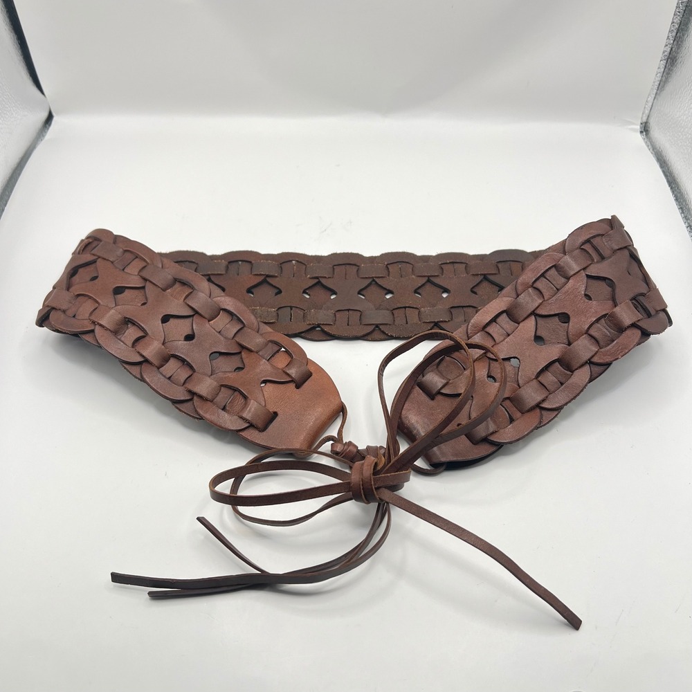 Y2K Banana Republic Factory Leather Wide Woven Tie Belt M Chocolate Brown Boho